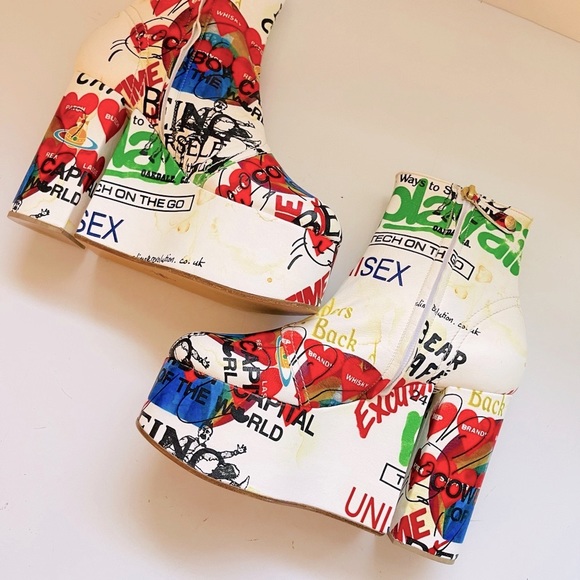 Vivienne Westwood BRAND NEW MEANINGLESS PRINT towering heels Slogan print IT37 - Picture 8 of 17